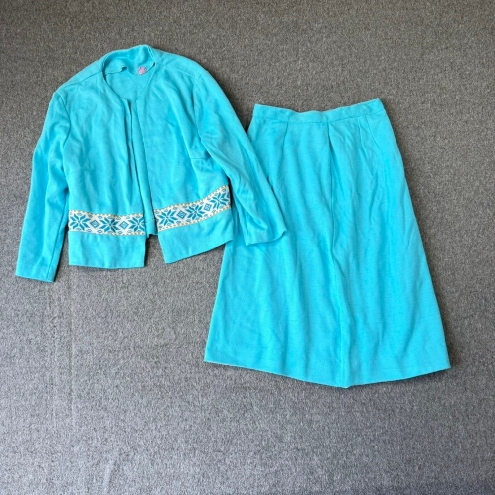 Vintage 70s Turquoise Blue Knit Skirt Set Snowflake Cardigan‎ 2 Piece Size 9